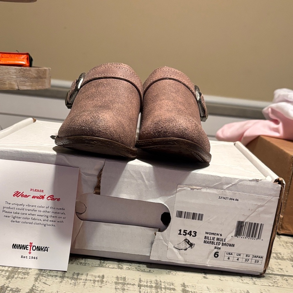 Minnetonka Taupe Mules with Buckle